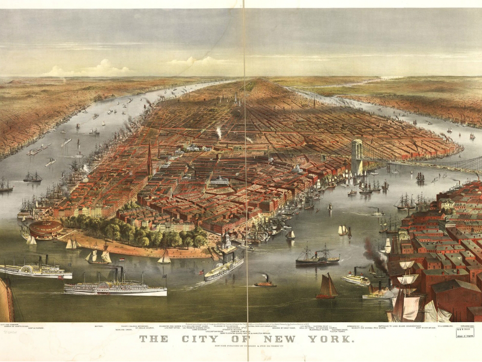 mappa panoramica di New York, pubblicata nel 1870 da Currier & Ives (via Library of Congress Geography and Map Division)